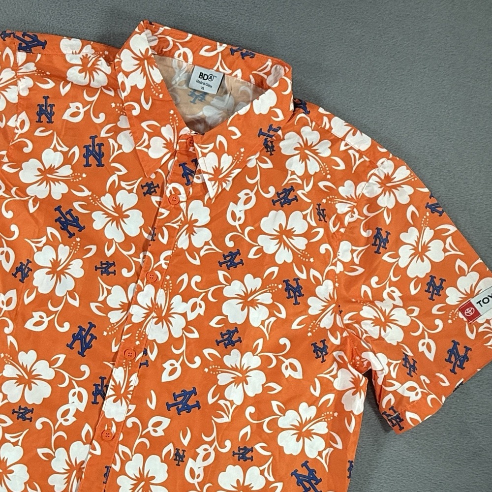 New York Mets Shirt Mens XL Orange Floral Aloha Hawaiian Button Up Toyota BDA